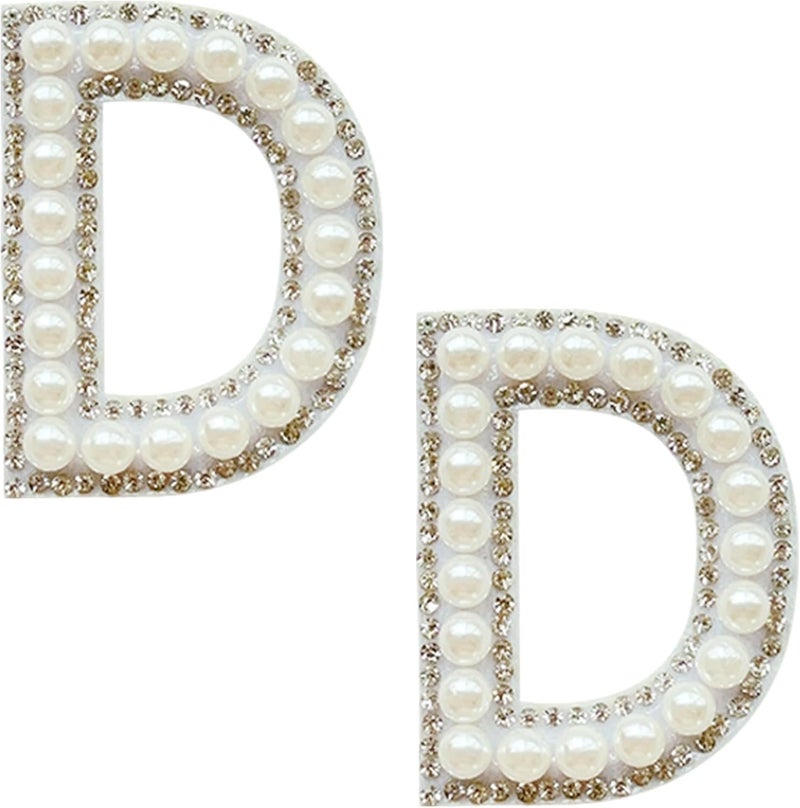 SOYCEV 2PCS White Pearl Iron on Letter Patches Rhinestone Letter Patches Sequin Letter Patches Sparkly Letter Patches for Backpacks Clothing (D) - Image 1